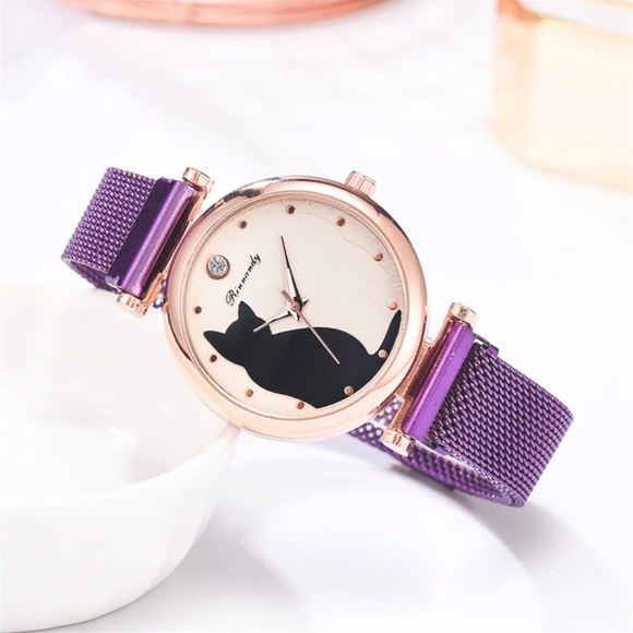 Women Fashion Watches Quartz Wristwatch Purple Mesh Belt Cat Dial Luxury Women - Picture 3 of 6
